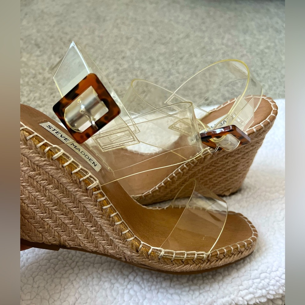 Steve Madden Transparent and Tan Wedge Sandals
